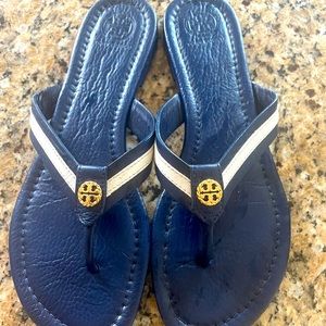 Tory Burch Maritime Striped Flat Thong Sandal, White/Blue size 8 EUC like new